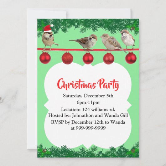 クリスマススパローパーソナライズされた 招待状 (正面)