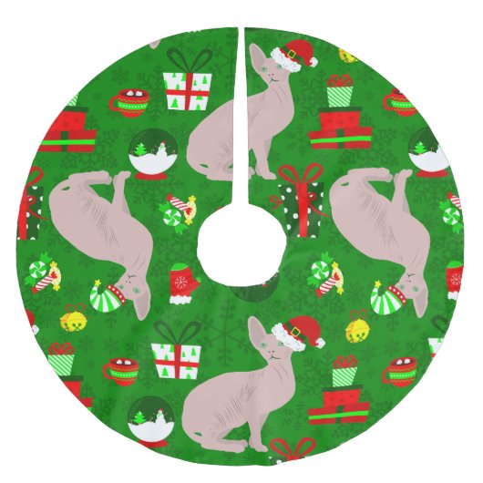 クリスマススフィンクス猫サンタ ブラッシュドポリエステルツリースカート (正面)