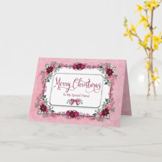 クリスマススペシャルフレンドバーガンディーピンクのフラワーカード カード (黄色い花)