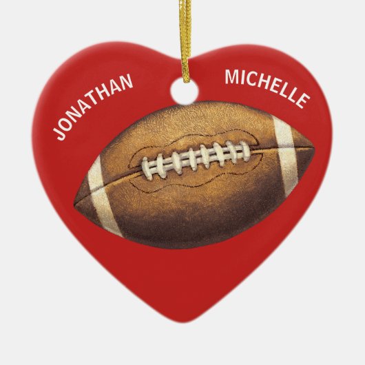 クリスマススポーツサッカーカップル名の休日 セラミックオーナメント (正面)