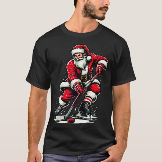 クリスマススポーツサンタ遊アイスホッケークリスマス女性 Tシャツ (正面)