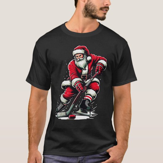 クリスマススポーツサンタ遊アイスホッケークリスマス Tシャツ (正面)