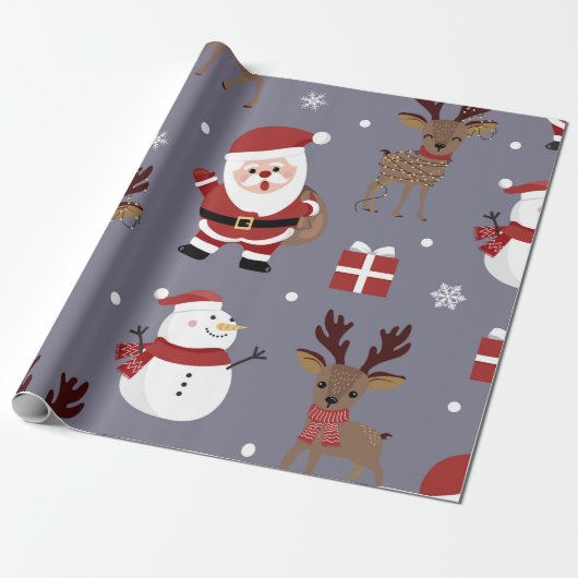 クリスマススモークグレー/サンタ雪だるまを包む紙 ラッピングペーパー (アンロールド)