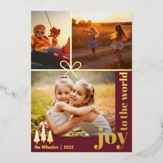 クリスマススリーフォトコラージュ エレガント | モダン 箔シーズンカード (正面)