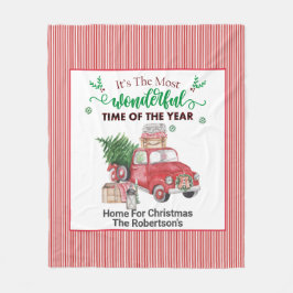 クリスマススローのための古い赤いトラックの木のホーム空白の フリースブランケット