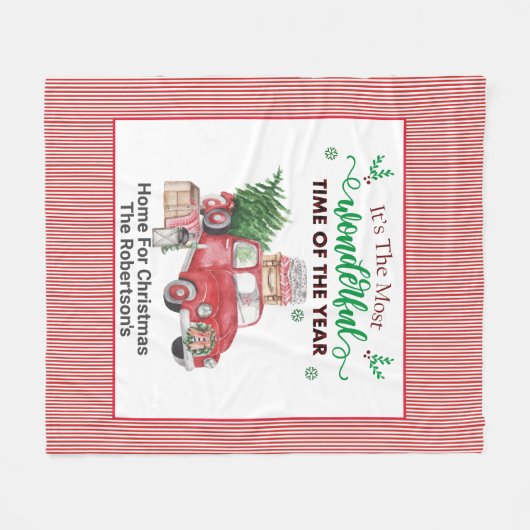 クリスマススローのための古い赤いトラックの木のホーム空白の フリースブランケット (正面(横))