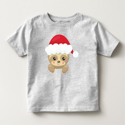 クリスマススロース、かわいいスロース、サンタハット、クリスマス トドラーTシャツ (正面)