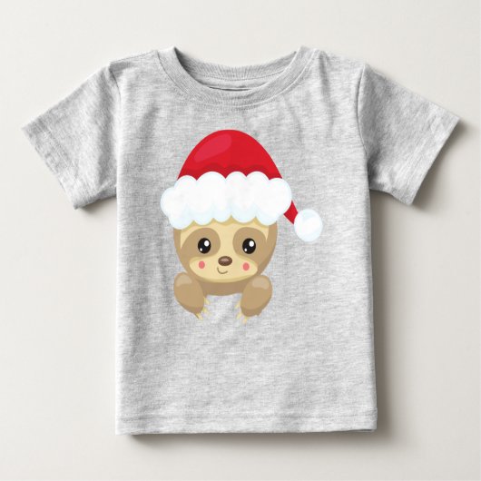 クリスマススロース、かわいいスロース、サンタハット、クリスマス ベビーTシャツ (正面)
