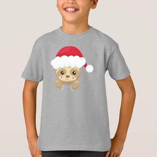 クリスマススロース、かわいいスロース、サンタハット、クリスマス Tシャツ (正面)