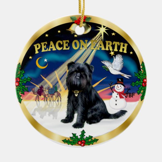 クリスマスズサンライズ – ブリュッセルグリフォン（赤） セラミックオーナメント (正面)