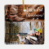 クリスマスズパーソナライズされたオーナメントCowboy Boots Barn Wood セラミックオーナメント (正面)