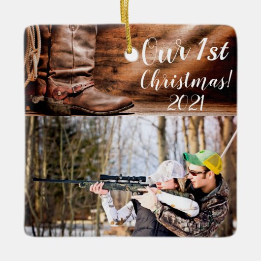 クリスマスズパーソナライズされたオーナメントCowboy Boots Barn Wood セラミックオーナメント (正面)