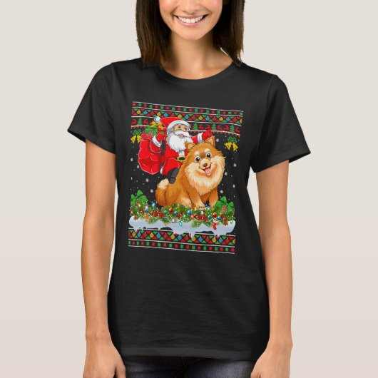 クリスマスズ醜いサンタライディングポメラニア犬 Tシャツ (正面)