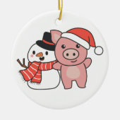 クリスマスセラミックOのための冬の雪だるま付き豚 セラミックオーナメント (正面)