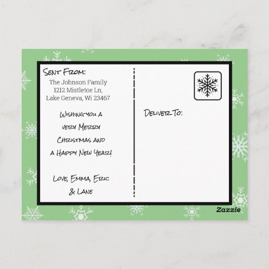 クリスマスセージ緑の雪片ファミリーフォトカード ポストカード (裏面)
