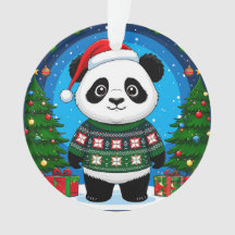 クリスマスセーターの可愛いパンダがサンタ帽をかぶる