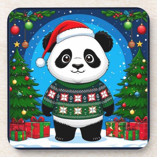 クリスマスセーターの可愛いパンダがサンタ帽をかぶる コースター (正面)