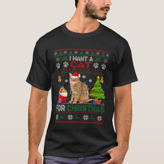 クリスマスセーターの猫クリスマスに猫が欲しい Tシャツ (正面)