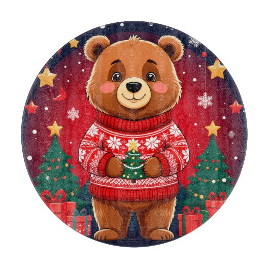 クリスマスセーターを着たかわいいクマ カッティングボード (正面)