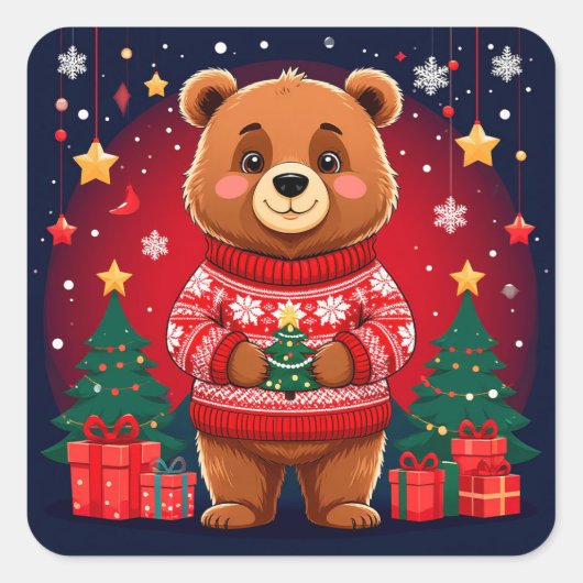 クリスマスセーターを着たかわいいクマ スクエアシール (正面)