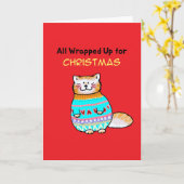 クリスマスセーターを着たかわいい猫 カード (黄色い花)