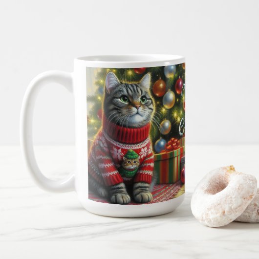 クリスマスセーターを着たかわいい猫 コーヒーマグカップ (ドーナツ)