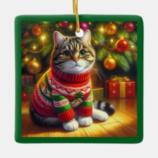 クリスマスセーターを着たかわいい猫 セラミックオーナメント (正面)