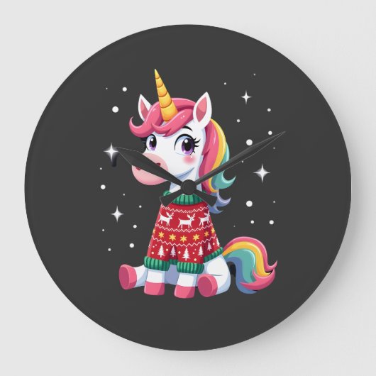 クリスマスセーターを着たユニコーンの女の子 ユニコーン クリスマス ラージ壁時計 (正面)