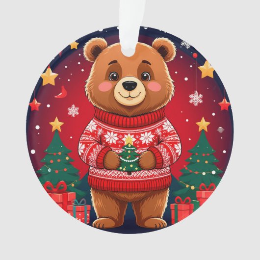 クリスマスセーターを着た可愛い熊 オーナメント (正面)