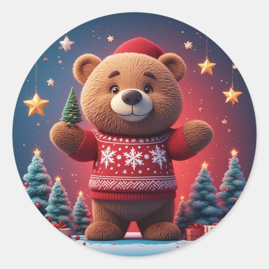 クリスマスセーターを着た可愛い熊 ラウンドシール (正面)