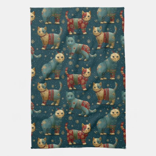 クリスマスセーターを着た子猫たち キッチンタオル (縦)