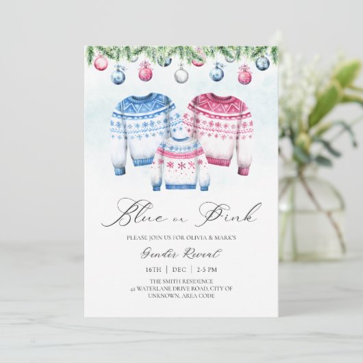 クリスマスセータージャンパー冬のベビー性別の表示 招待状 (スタンド正面)