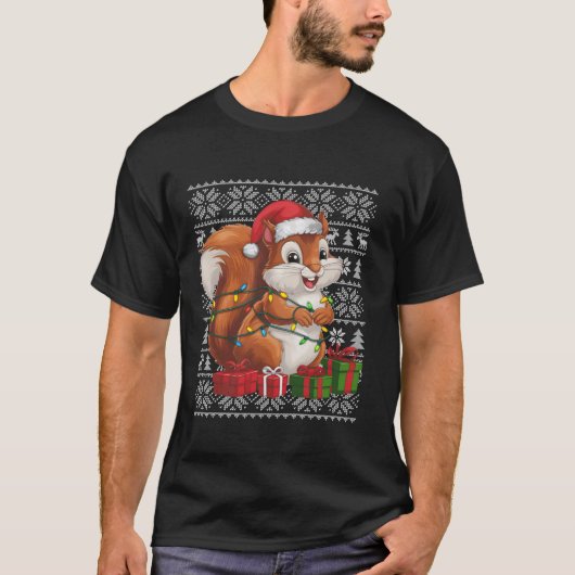 クリスマスセータースタイル醜いサンタハットリスのクリスマス Tシャツ (正面)