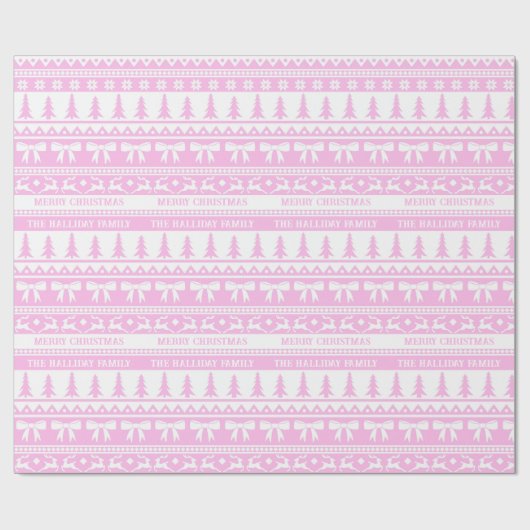 クリスマスセーターファミリー名モノグラムピンクホワイト ラッピングペーパー (フラット)