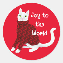 クリスマスセーターレッドのかわいい白猫 ラウンドシール