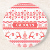 クリスマスセーター赤いフェアアイルパターンモノグラム コースター (正面)