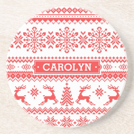 クリスマスセーター赤いフェアアイルパターンモノグラム コースター (正面)