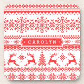 クリスマスセーター赤いフェアアイルパターンモノグラム コースター (正面)