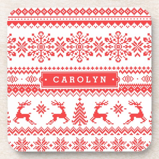 クリスマスセーター赤いフェアアイルパターンモノグラム コースター (正面)