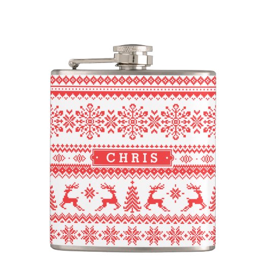 クリスマスセーター赤いフェアアイルパターンモノグラム フラスク (正面)