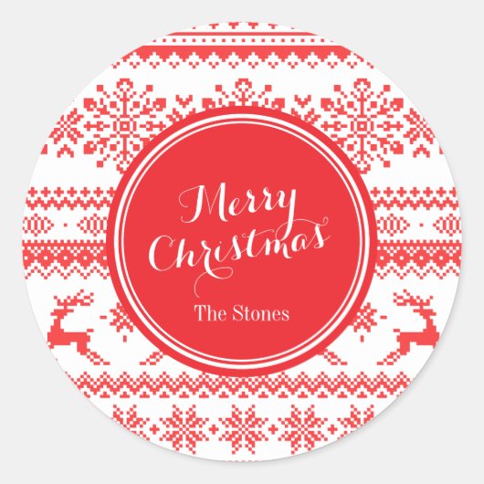 クリスマスセーター赤いフェアアイルパターンモノグラム ラウンドシール (正面)