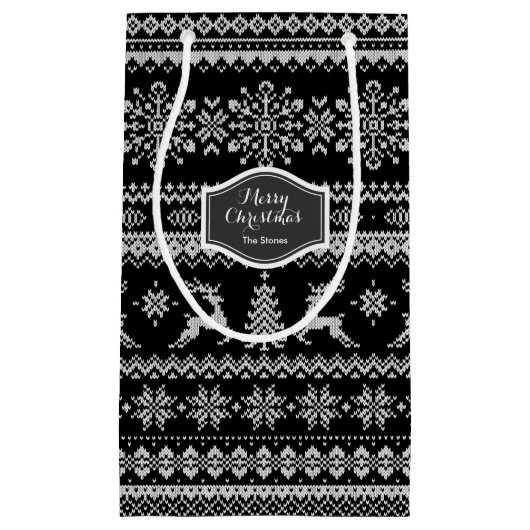 クリスマスセーター黒のフェアアイルパターンモノグラム スモールペーパーバッグ (正面)