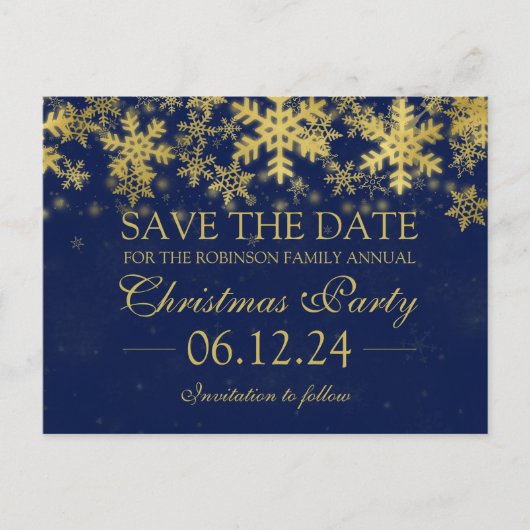 クリスマスセーブ日付金ゴールドネイビーブルー冬 案内ポストカード (正面)