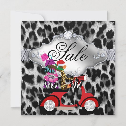 クリスマスセールパーティー招待 レパード 白 黒 招待状 (正面)