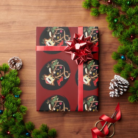 クリスマスソックスで飾られた笑顔のトナカイ ラッピングペーパー (クリスマスギフト)