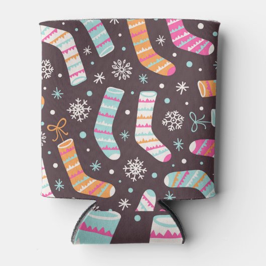 クリスマスソックスと雪片:ヴィンテージ模様 缶クーラー (正面)