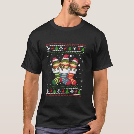 クリスマスソックスのカエル クリスマス ウェア Tシャツ (正面)