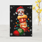 クリスマスソックスのサンタ帽アメリカンブルドッグ犬 カード (黄色い花)