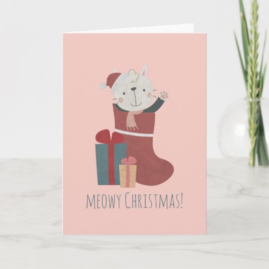 クリスマスソックスの可愛い白猫 カード (正面)