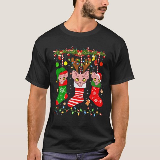 クリスマスソックスのSphynx猫ライトSphynx猫Xm Tシャツ (正面)